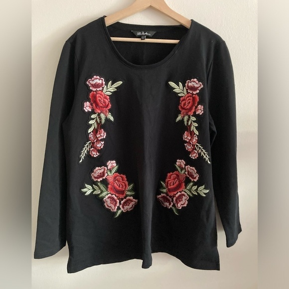 Ulla Popken Tunic Top XL 16 18 Black Embroidered Floral Cotton 3/4 Sleeves - Picture 1 of 9
